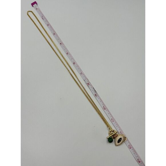Gold Tone Evil Eye Jadeite Bead Heart Hasma Rhinestone Luck Charm Necklace 24” - Picture 7 of 7
